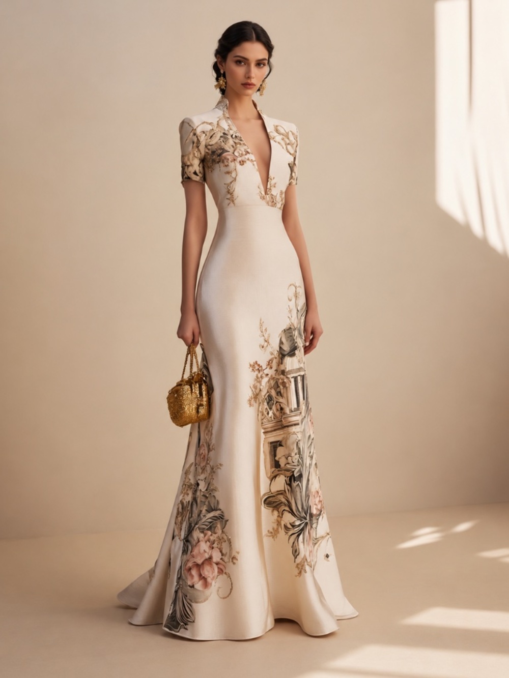 NWT Fehaute Floral Satin Deep V Mermaid Gown Beige Ivory Size 14